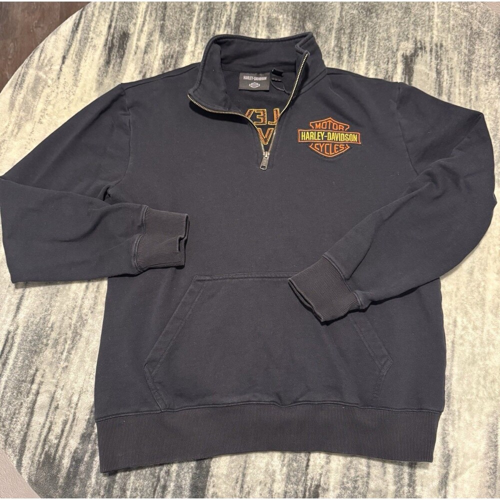 Harley Davidson Quarter Zip Pullover Sweatshirt Medium Black Multi Logo Cotton